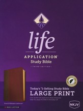 NKJV Life Application Study Bible,  Third Edition, Large Print (Red Letter, LeatherLike, Brown/Mahogany, Indexed), LeatherLike, Mahogany, With thumb index