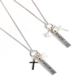 Scripture Bar Pendant, Romans 8:28, Necklace with Cross and Pearl, Sterling Silver
