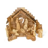 Olive Wood Nativity Set, Bark Roof Stable, Faceless Figurines, 12 pieces, Large