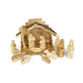 Olive Wood Nativity Set, Bark Roof Stable, Faceless Figurines, 12 pieces, Small