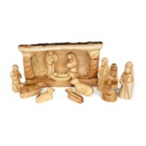 Olive Wood Nativity Log Stable, Faceless Figurines, 12 pieces, Small