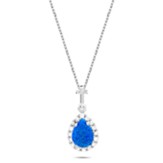 Teardrop Pendant with Blue Opal & CZ Accents Necklace, Silver