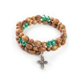 Helix Stretch Wrap Bracelet with Olive Wood and Aqua Beads & Cross Dangle