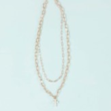 Double Layered Pearl & Cross Necklace, Matte Gold
