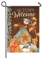Autumn Welcome, Chickadee Birdhouse, Glitter Flag, Small