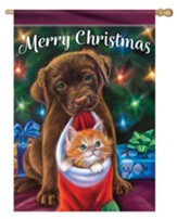 Merry Christmas, Puppy and Kitten, Flag, Large