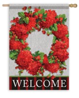 Welcome, Geranium Wreath, Flag, Large