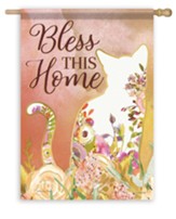 Bless This Home, Floral Cat, Flag, Large