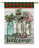 Welcome, Holly Berries & Pine, Large Flag