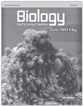 Biology: God's Living Creation Quiz  and Test Book Key Volume 1 (Revised)