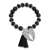 Guardian Angel Beaded Bracelet with Tassel and Wings Charm, Black
