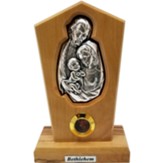 Holy Family Silver Plated Tabletop Plaque on Olivewood Stand, Medium