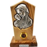 Virgin Mary and Child Silver Plated Tabletop Plaque on Olivewood Stand, Medium