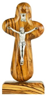 Crucifix Holding Cross With Stand, Olive Wood