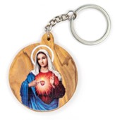 Virgin Mary Immaculate Heart, Round, Holy Land Olive Wood Icon Keychain