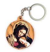 Madonna and Sleeping Child, Round, Holy Land Olive Wood Icon Keychain