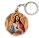 Jesus Christ Sacred Heart, Round, Holy Land Olive Wood Icon Keychain