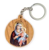 Virgin Mary Queen of Heaven, Round, Holy Land Olive Wood Icon Keychain