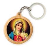 Sacred Heart of Mary (Red), Round, Holy Land Olive Wood Icon Keychain