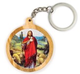 Jesus the Good Shepherd, Round, Holy Land Olive Wood Icon Keychain