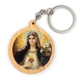 Sacred Heart of Mary (White), Round, Holy Land Olive Wood Icon Keychain