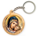 Madonna and Child, Round, Holy Land Olive Wood Icon Keychain