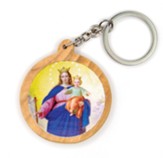 Mary Help of Christians, Round, Holy Land Olive Wood Icon Keychain