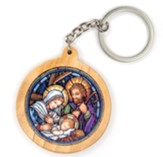 Holy Family Manger, Round, Holy Land Olive Wood Icon Keychain