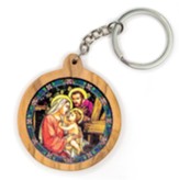 Holy Family Home, Round, Holy Land Olive Wood Icon Keychain