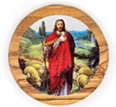 Jesus the Good Shepherd, Round, Holy Land Olive Wood Icon Magnet