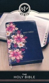 KJV Deluxe Gift Bible--soft  leather-look, printed blue floral with zipper