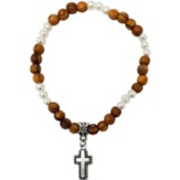 Olive Wood Stretch Bracelet, White Beads and Cross Dangle