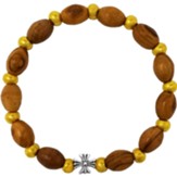 Olive Wood Stretch Bracelet, Golden Beads, Sideways Cross