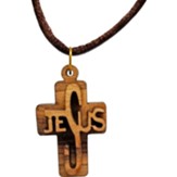 Jesus Cross, Raised, Olive Wood Necklace