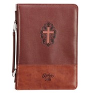 John 3:16 Bible Cover with Cross, LuxLeather Brown, Medium