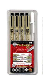 PIGMA Micron Pens, Assorted Nibs, 5 Pack, Black And One White