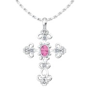 Cross Birthstone Pendant on Sterling Silver Chain, October