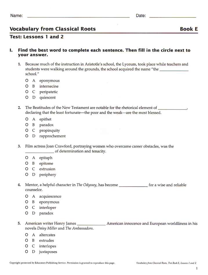 Sample Preview Image - 3 of 5 - Vocabulary from Classical Roots Blackline Master Test: Book E (Homeschool Edition)