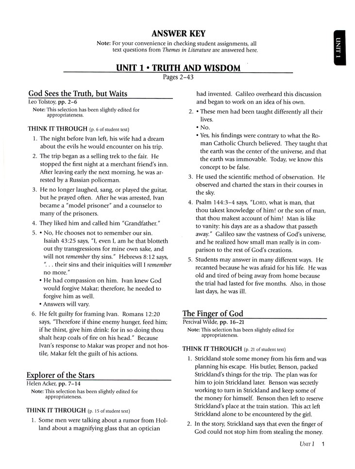 Abeka Themes In Literature Grade 9 Answer Key Christianbook 