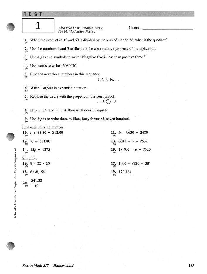 Saxon Math 8 7 Tests And Worksheets Answers