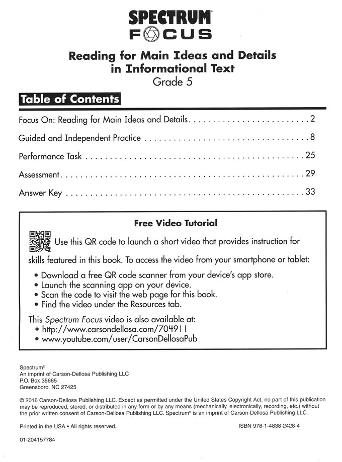 Spectrum Reading For Main Ideas And Details In Informational Text Grade 5 - 