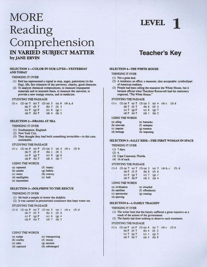 More Reading Comprehension Level 1 Grade 9 Teacher S Key Homeschool Edition Jane Ervin Christianbook Com