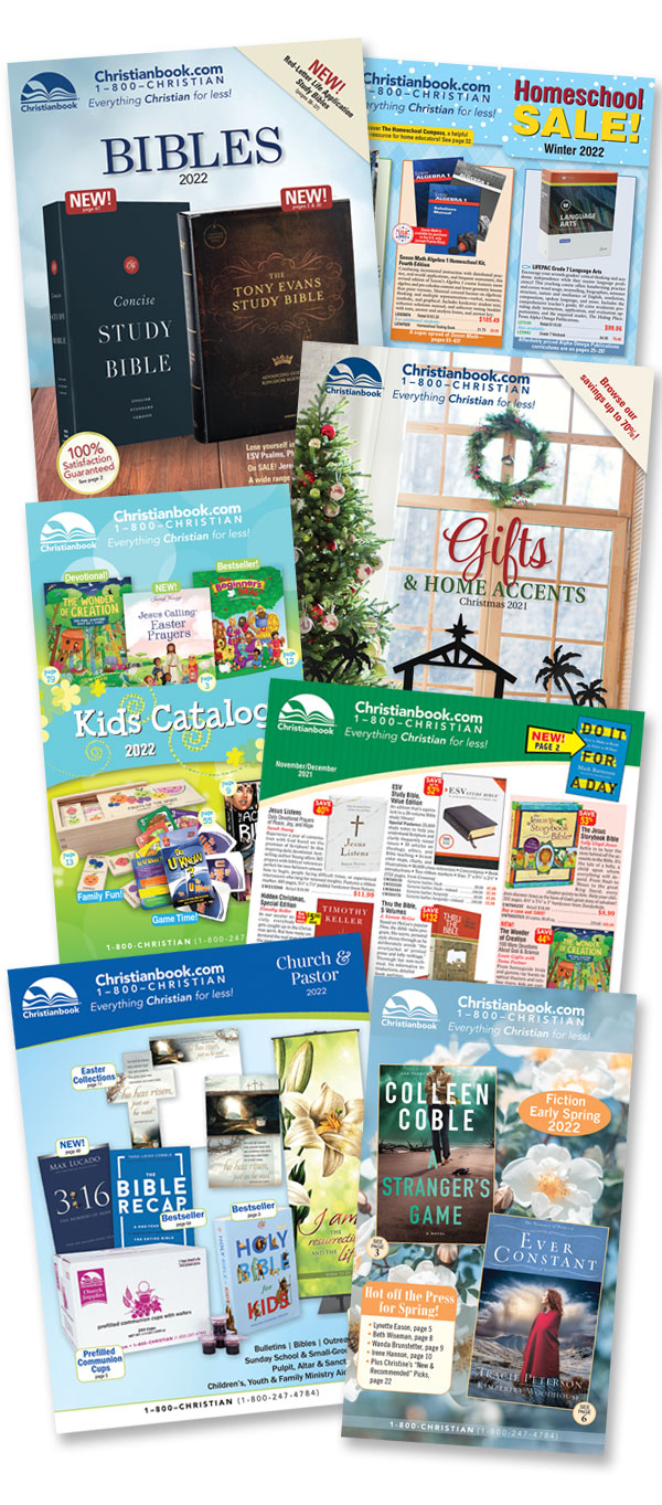 Assorted Christianbook catalogs for kids, pastors, homeschoolers, and other groups cascade down the side of the page.