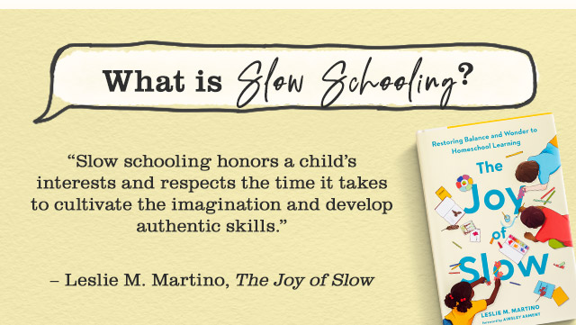 What is Slow Schooling? Slow schooling honors a childâ€™s interests and respects the time it takes to cultivate the imagination and develop authentic skills. â€