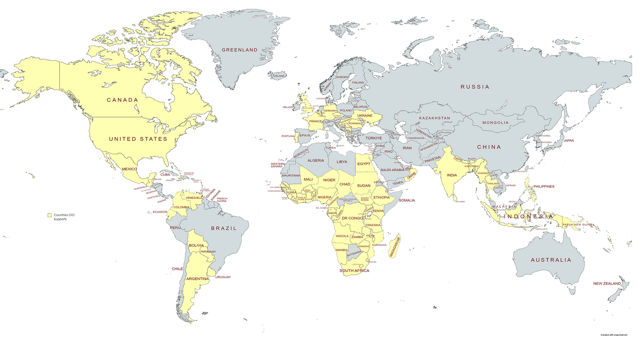 World map of countries CIO supports